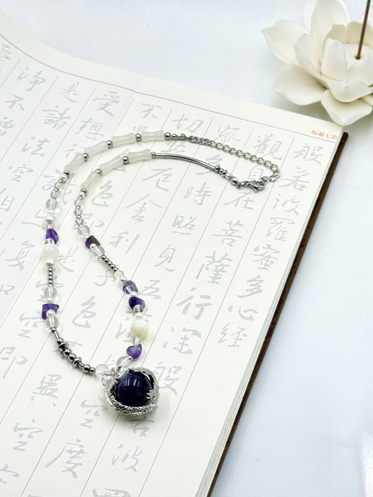 Dragon Collection  - Amethyst Moon Silver Feather Necklace - ORIENTAL BOUTIQUE