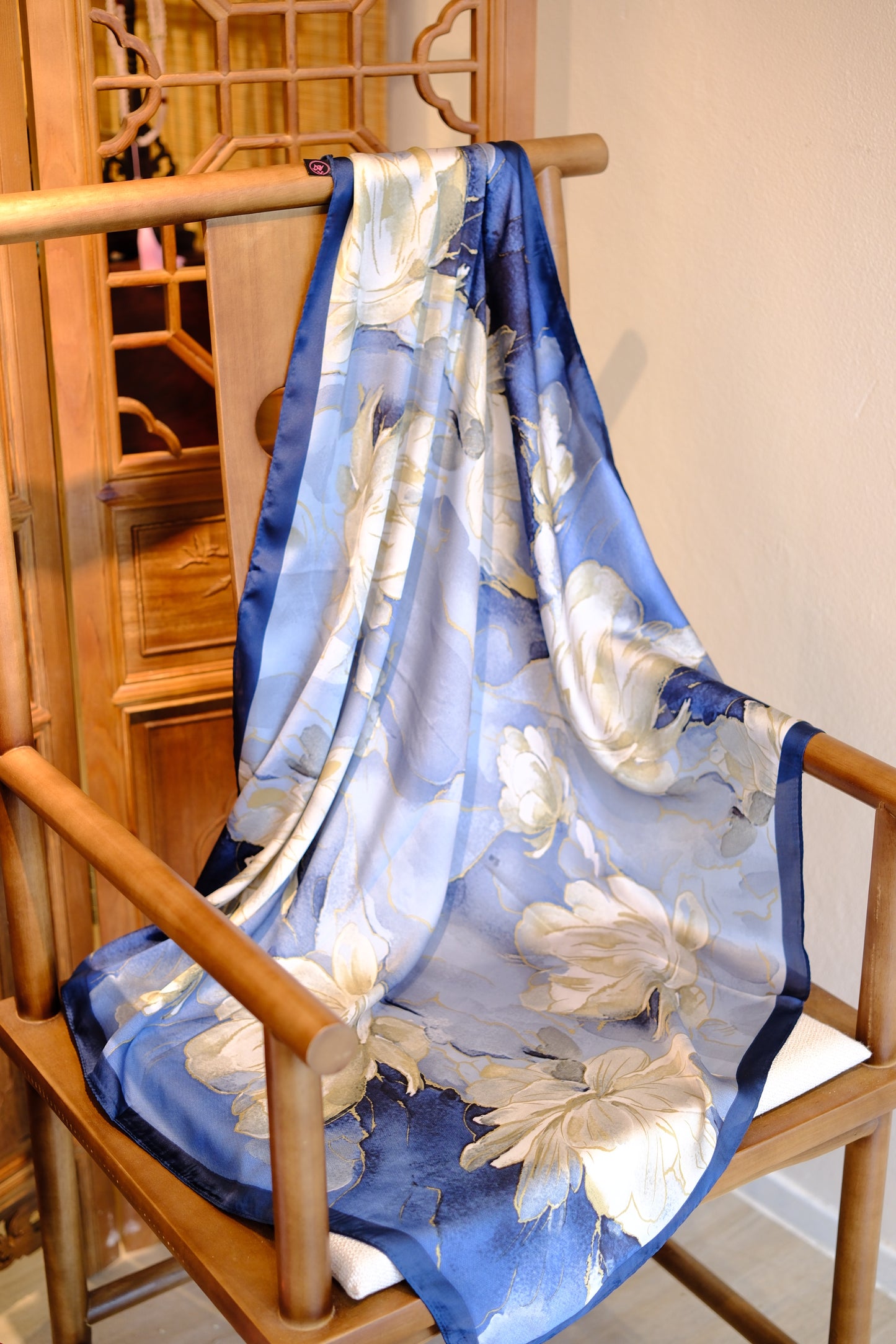 Silk Scarf – Blue Floral Oriental Style