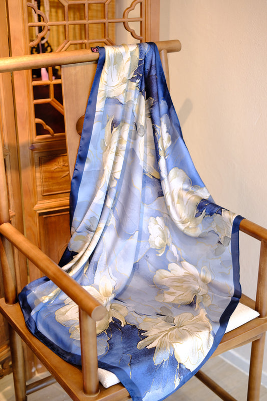 Silk Scarf – Blue Floral Oriental Style
