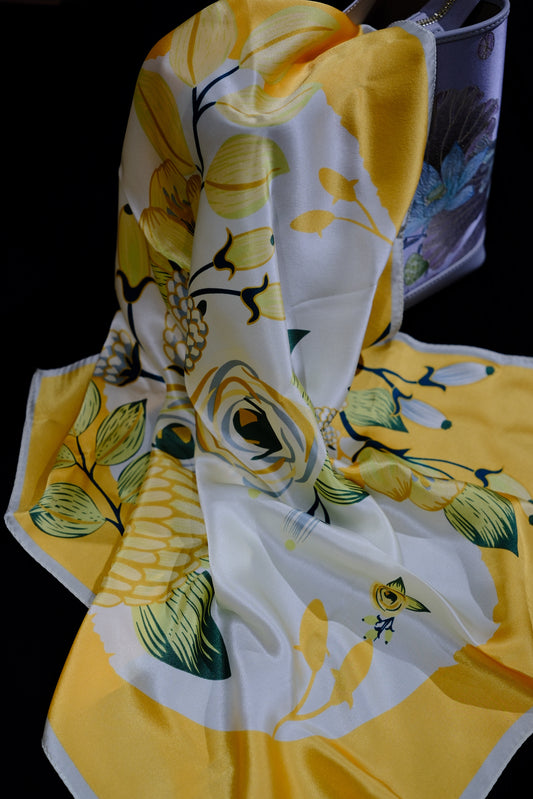 Golden Bloom Silk Square Scarf