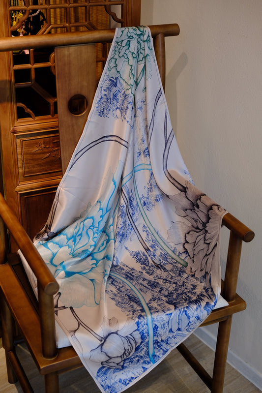 Blue Floral Landscape Square Silk Scarf