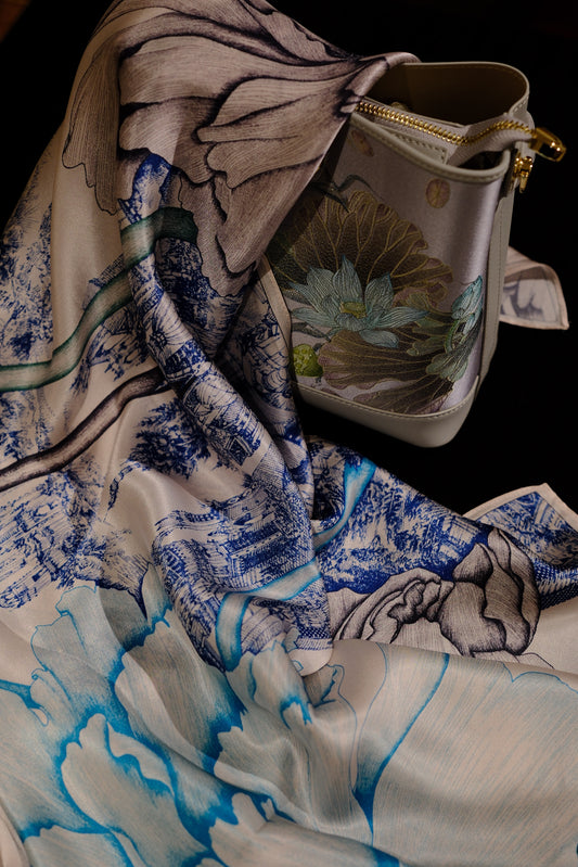 Blue Floral Landscape Square Silk Scarf
