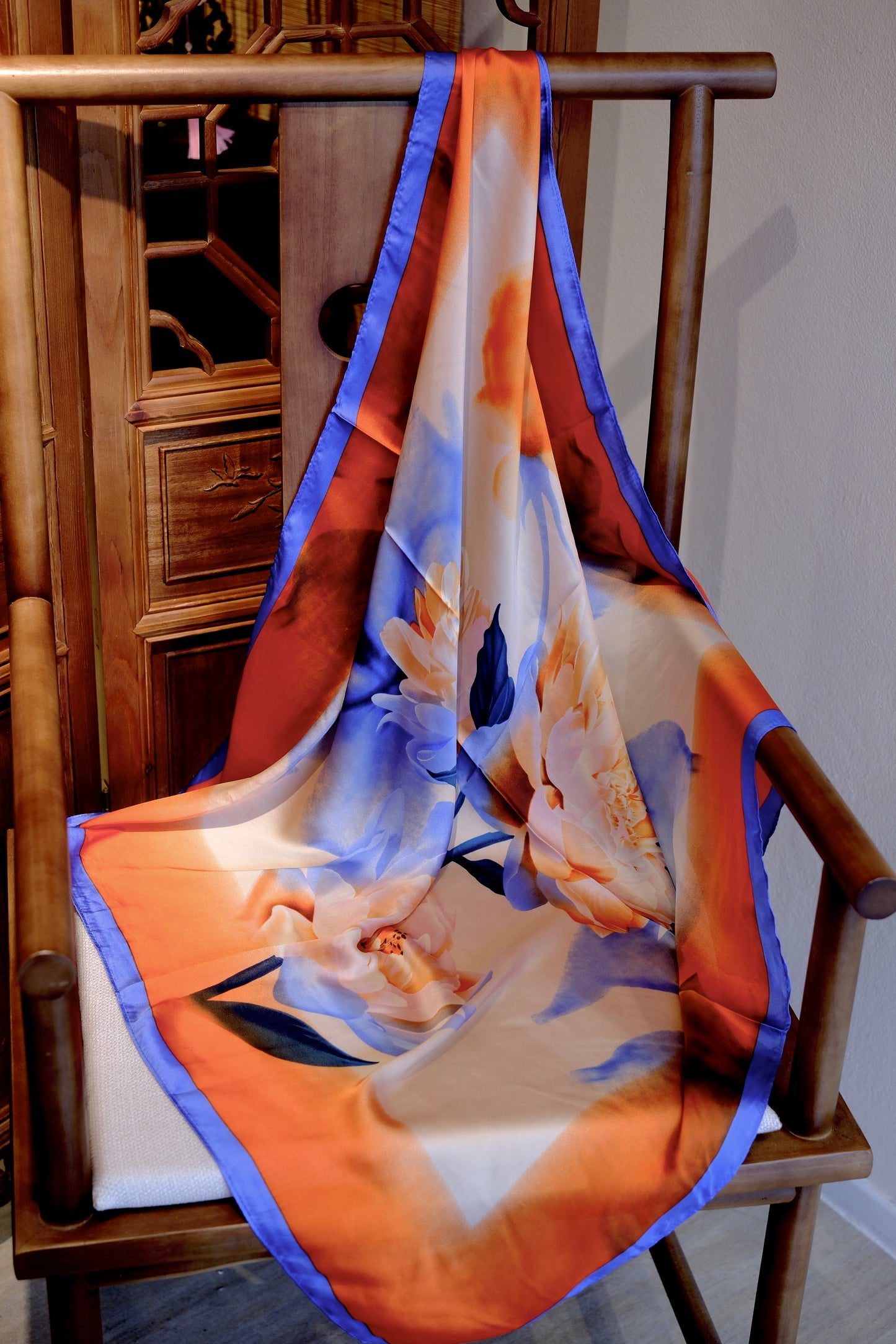 Soft Orange & Blue Floral Square Scarf