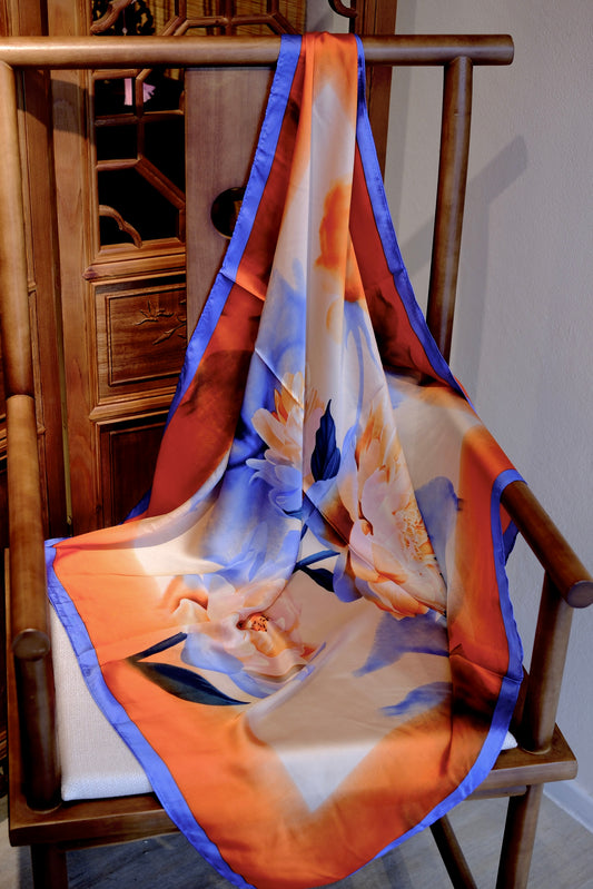 Soft Orange & Blue Floral Square Scarf