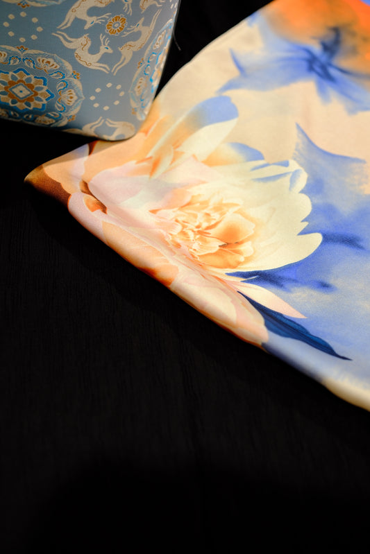 Soft Orange & Blue Floral Square Scarf