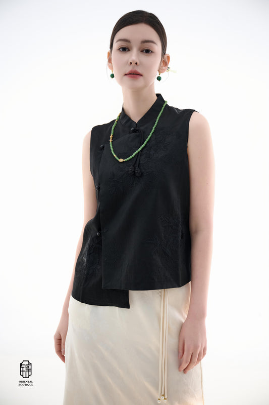 Black Lotus Sleeveless Top,The Black Lotus Sleeveless Top is a sophisticated sleeveless garment, featuring a sleek black tone crafted from luxurious silk fabric, offering a lightweight and smooth texture. The top is adorned with subtle jacquard embroidery