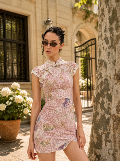 Blush Lace Cheongsam Mini Dress