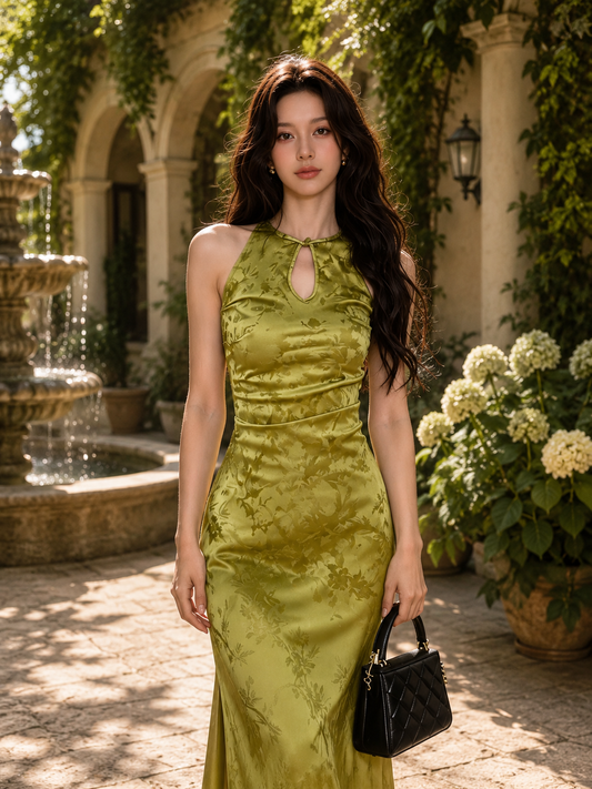 Olive Blossom Satin Dress