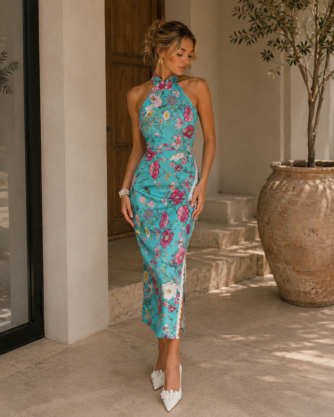 Aqua Bloom Halter Cheongsam Dress