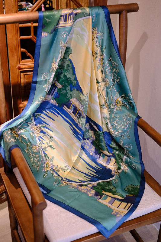 Silk Scarf – Green Landscape Oriental Style
